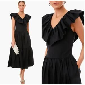 TUCKERNUCK x POMANDER PLACE Jo Ruffled Tiered Midi Dress Black Sz L {AA48}